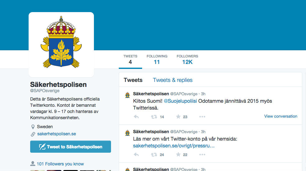 SÄPO har slutat lurka på Twitter och kommit ut ur garderoben med ett eget konto.